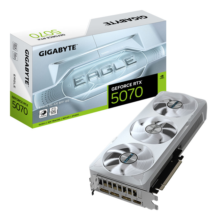 GeForce RTX 5070 EAGLE OC ICE SFF 12G; core clock 2587 MHz; Digital max resolution 7680x4320; Memory Size 12 GB;CUDA Cores 6144