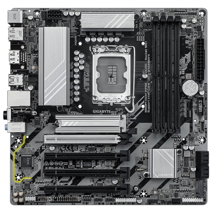 B860M DS3H WIFI6E Motherboard; Intel B860 Express Chipset; Realtek 2.5GbE LAN chip; 4 x DDR5 DIMM sockets supporting up to 256 GB; Dual channel memory