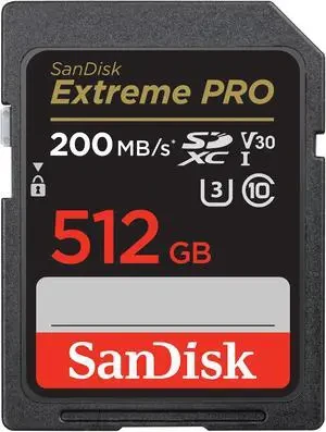 SanDisk Extreme Pro SDXC, SDXXD 512GB, V30, U3, C10, UHS-I, 200MB/s R, 140MB/s W, 4x6, Lifetime Limited