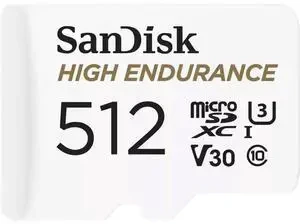 SanDisk High Endurance microSDXC Card, SQQNR 512G, UHS I, C10, U3, V30, 100MB/s R, 40MB/s W, SD adaptor, 2Y
