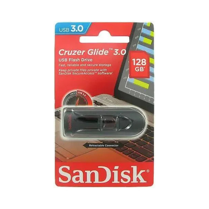SanDisk Cruzer Glide 3.0 USB Flash Drive, CZ600 128GB, USB3.0, Black with red slider, retractable design, 5Y
