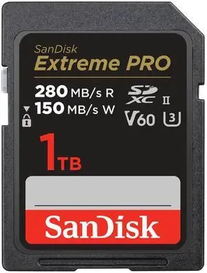 SanDisk Extreme Pro SDXC, SDSDXEP 1TB, V60, U3, C10, UHS-II, 280MB/s R, 150MB/s W, 4x6, Lifetime Limited