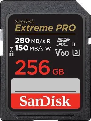 SanDisk Extreme Pro SDXC, SDSDXEP 256GB, V60, U3, C10, UHS-II, 280MB/s R, 150MB/s W, 4x6, Lifetime Limited