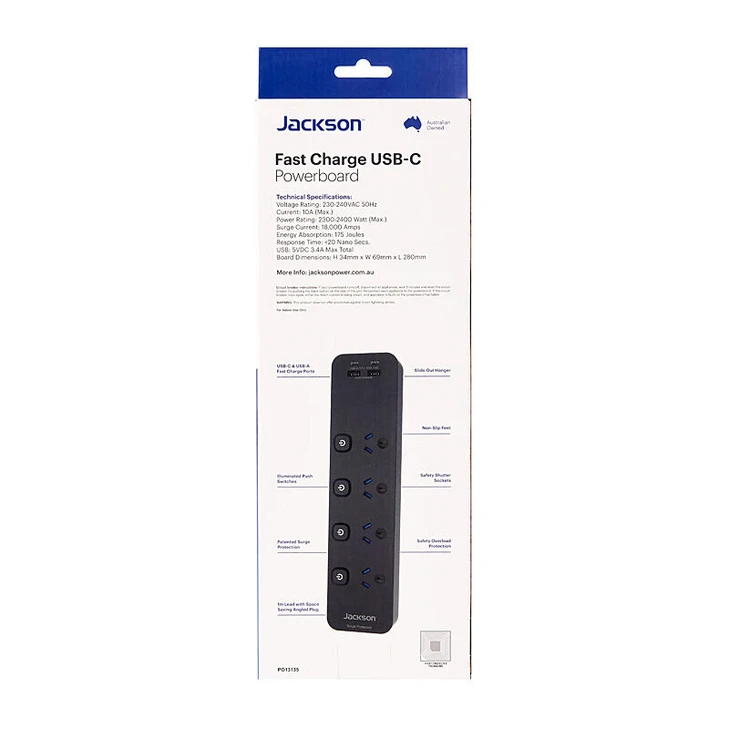 Jackson Fast Charge USB-C/A 4 Way Surge Protected Powerboard [PT1814USB3C] - image 2