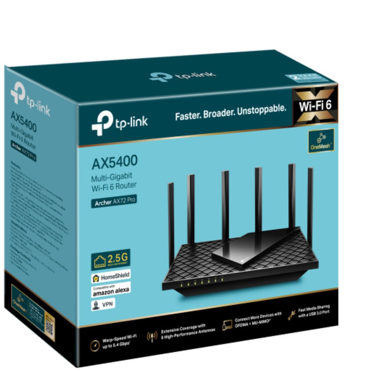 (E)TP-Link Archer AX72 Pro AX5400 Multi-Gigabit WiFi 6 Router, 574 Mbps at 2.4 GHz + 4804 Mbps at 5 GHz, Beamforming, Smart Connect, Airtime Fairness