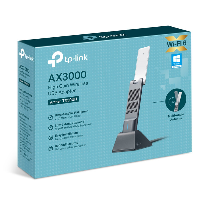 (E)TP-Link Archer TX50UH AX3000 High Gain Wireless USB Adapter, WiFi 6, Speeds up to 2402 Mbps@5GHz, 574 Mbps@2.4GHz