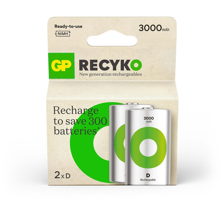 GP GPRHC30DC002 RECYKO LSD 'D' BATTERY 2PK 3000MAH RECHARGEABLE NIMH GP