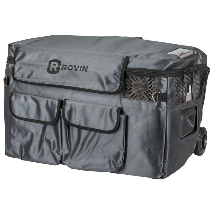 Grey Insulated Cover for 30L Rovin Portable Fridge Freezer with Handle, Wheels, Solar Input and Battery Compartment