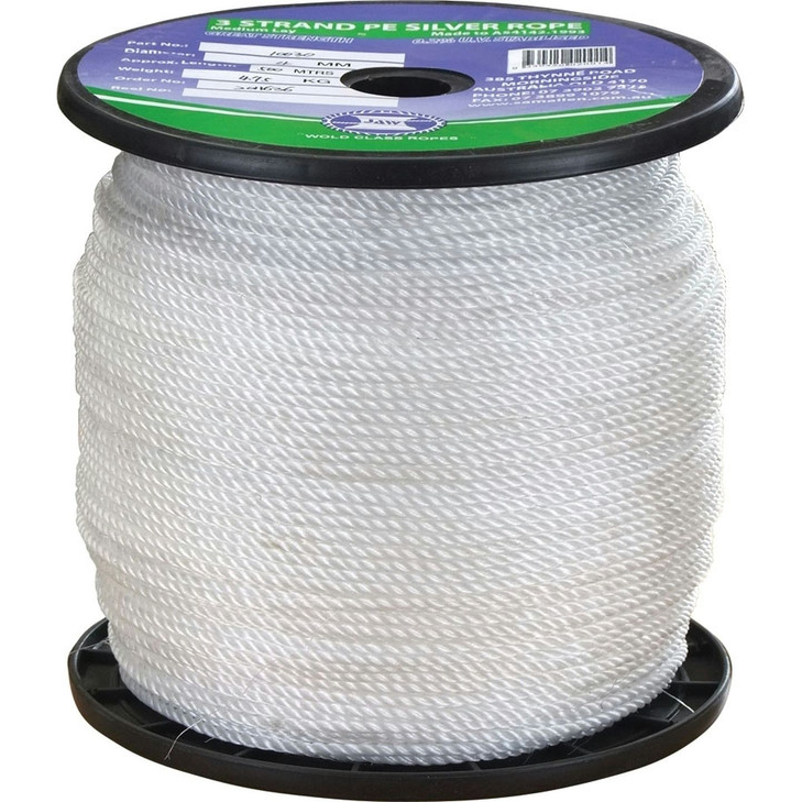 Standard Quality Polyethylene Staple (Silver Ropes) - 10mm Three Strand - Sold as 100m roll