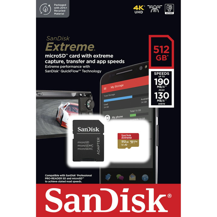Sandisk 512GB High Extreme microSDXC Class 10, Reads 190MB/S, Writes 130MB/S 
