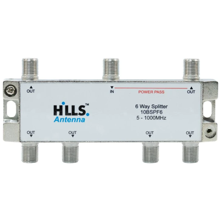 Hills Antenna 6 Way 5-1000MHz F Type Splitter - 1 Leg Power Pass