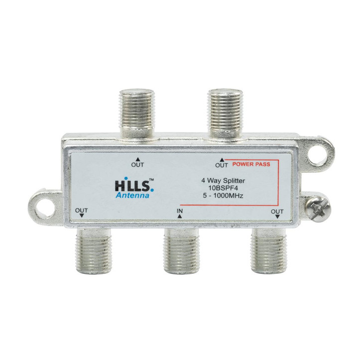 Hills Antenna 4 Way 5-1000MHz F Type Splitter - 1 Leg Power Pass