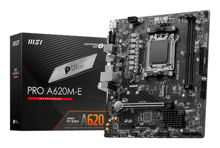 MSI PRO A620M-E, Micro ATX, AMD AM5, 2xDDR5, 1xM.2, 4xSATA 6Gb/s, RAID, 2xPCIe, 1xHDMI, 1xVGA, GbE LAN, 4xUSB3.0, 2xUSB2.0