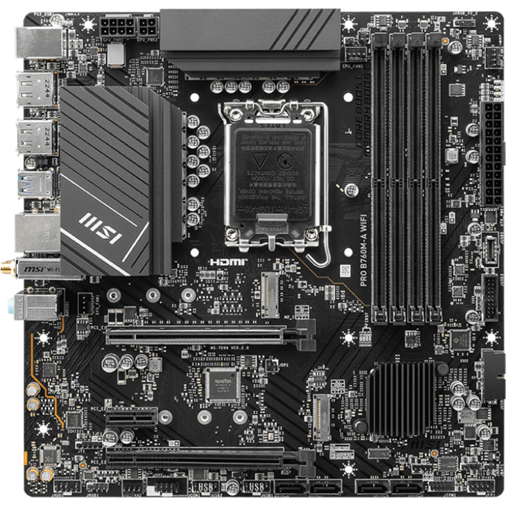 MSI PRO B760M-A WIFI DDR5, Micro ATX, Intel LGA 1700, 4xDDR5, 2xM.2, 4xSATA 6Gb/s, RAID, 3xPCIe, 2xHDMI, 2xDP, GbE LAN, Wireless AX+Bluetooth, 4xUSB3.0, 2xUSB2.0