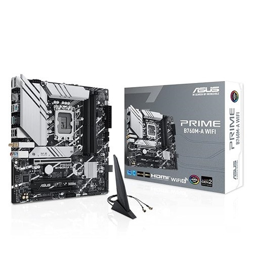 Asus PRIME B760M-A-WIFI-CSM, Micro ATX, Intel Socket LGA 1700, 4xDDR5, 2xM.2, 4xSATA 6Gb/s, RAID, 2xHDMI, 1xDP, 3xPCIe, GbE LAN, Wireless AX+Bluetooth, 1xUSB-C, 2xUSB3.2, 4xUSB2.0