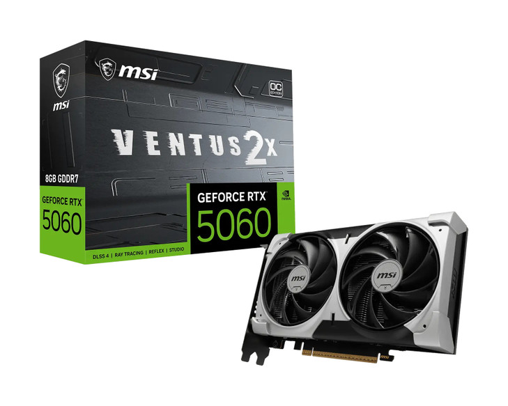 GEFORCE RTX 5060 8G VENTUS 2X OC V1 MSI G5060-8V2CV1, Nvidia RTX 5060 VENTUS 2X OC, 8GB GDDR7, Core Clock: 2535MHz, Cuda Core: 3840, 1xHDMI, 3xDP, PSU: 550W, PCIe5.0