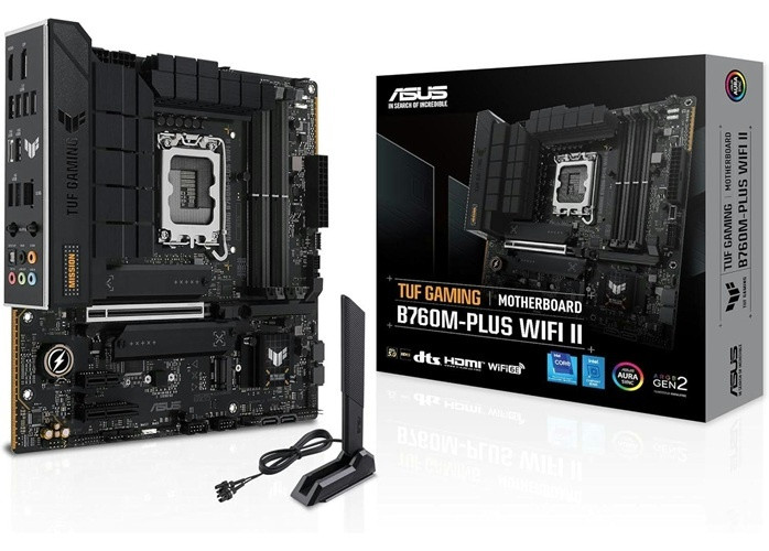 Asus TUF-GAMING-B760M-PLUS-WIFI-II, Micro ATX, Intel LGA1700, 4xDDR5, 3xM.2, 4xSATA 6Gb/s, RAID, 3xPCIe, 1xHDMI, 1xDP, 2.5GbE Ethernet, Wireless AX+Bluetooth, 1xUSB-C, 3xUSB-A, 3xUSB2.0
