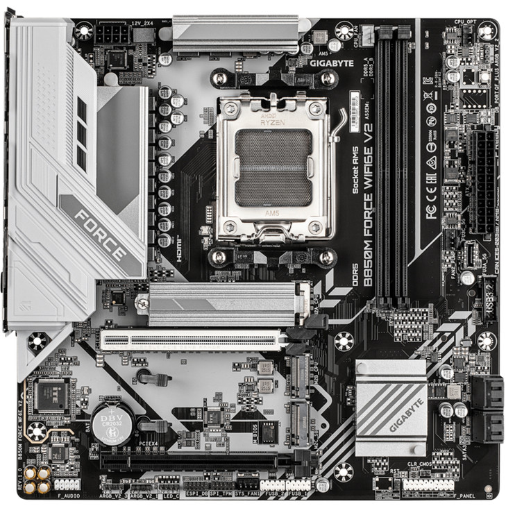 Gigabyte GA-B850M-FORCE-WF6E-V2, AMD AM5, 2 x DDR5 up to 128 GB, 1 x HDMI, 2 x PCI Express x16, 3 x M.2, 5x USB 3.2, 6x USB 2.0, 5GbE LAN, 3 Years