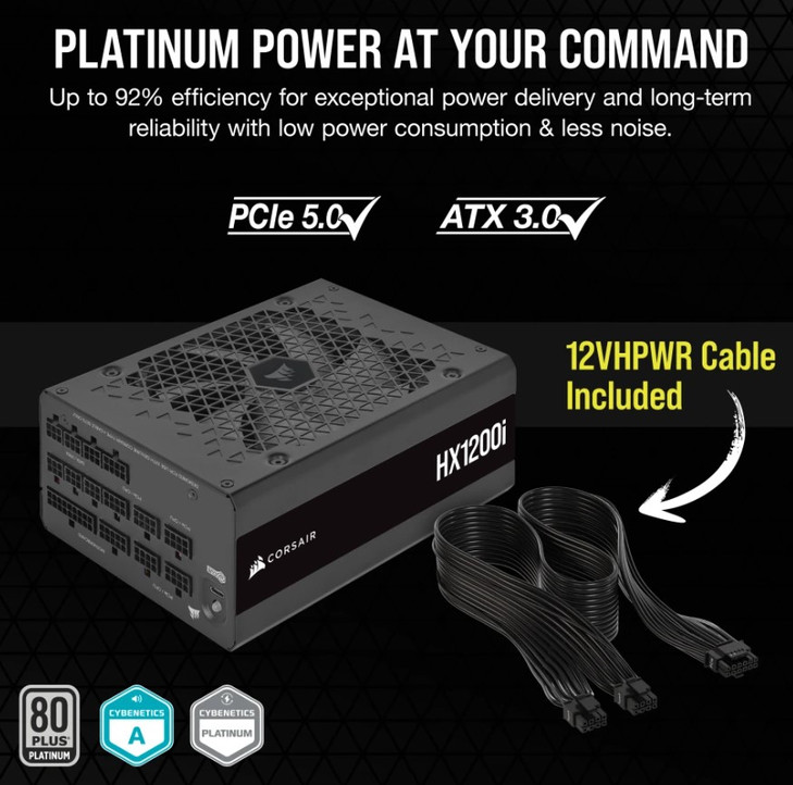 CORSAIR HX1200i ATX High Performance Platinum PSU, ICUE 2024. PCIe 5.0, ATX 3.0, 12VHPWR Cable included.