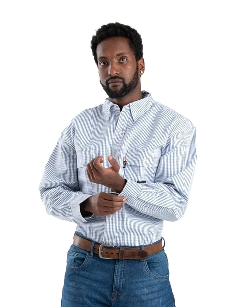 Berne Men's Flame Resistant Button Down Plaid Long Sleeve Work Shirt (Navy)