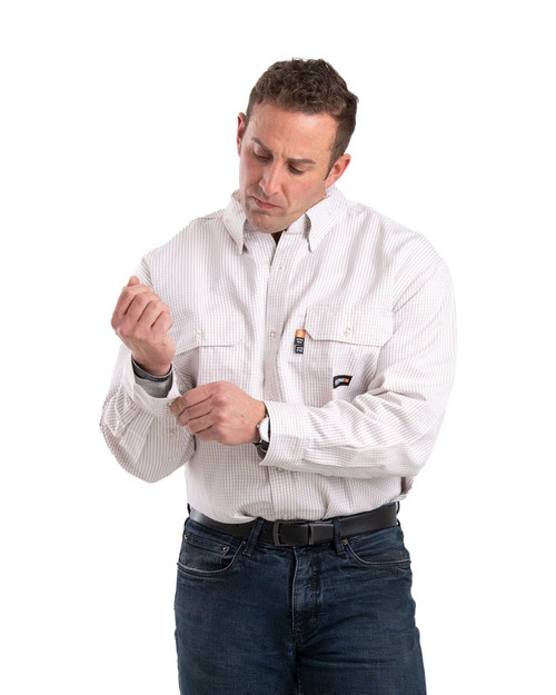 Berne Men's Flame Resistant Button Down Plaid Long Sleeve Work Shirt (Khaki)