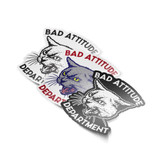 Black and White Sticker of a hissing cat with the words "Bad Attitude Department" around it.
Hissing Cat sticker by ©Bad Attitude Dept LLC
Visit badattitudedept.com to purchase