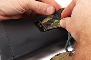 Sling Attachment to Benelli Stock without Adapters Step Three Use a Key or Pliers to pull webbing through swivel