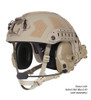 Ops-Core AMP connectorized communication headset in tan mounted on tactical helmet