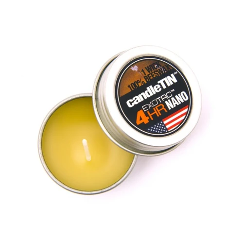 Exotac candleTIN Nano 3-pack compact emergency survival candles in durable metal tins.
