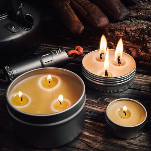 Exotac candleTIN beeswax survival candles providing emergency outdoor light and warmth