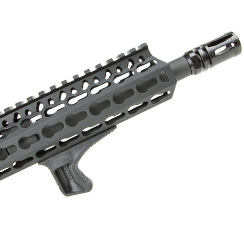 BCM KAG KeyMod black angled grip mounted on tactical rifle handguard