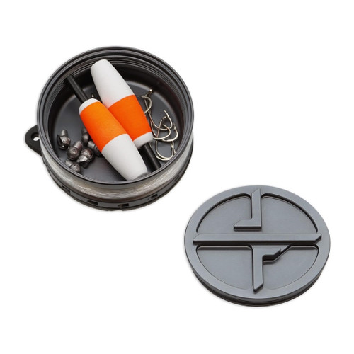Exotac xREEL survival fishing kit with tackle, hooks, floats and monofilament line components