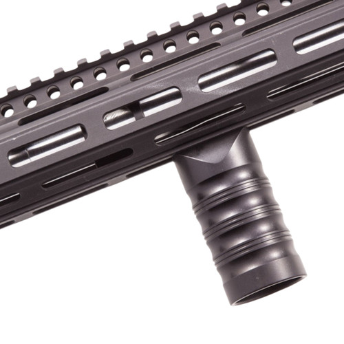 Arisaka Vertical Grip M-LOK ergonomic foregrip mounted on M-LOK rails for enhanced weapon control.