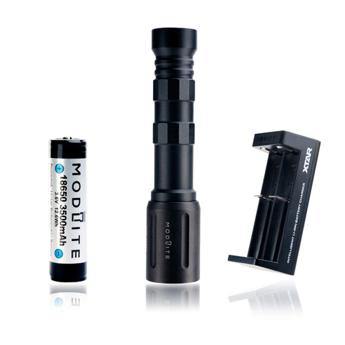 Modlite OKW V2 18650 Rifle Light (Black) package with battery and charger