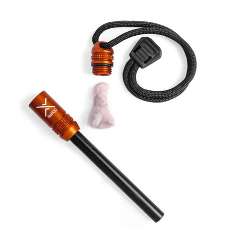 Exotac fireROD (Orange) fire starter with replaceable ferro rod and built-in tinder storage capsule.