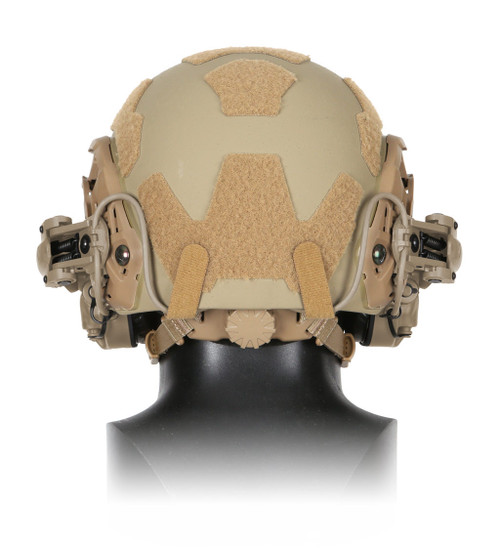 Ops-Core AMP connectorized communication headset in tan mounted on tactical helmet
