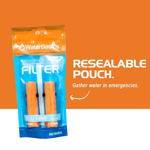 Aquamira WaterBasics emergency straw water filter 2-pack, resealable pouch 