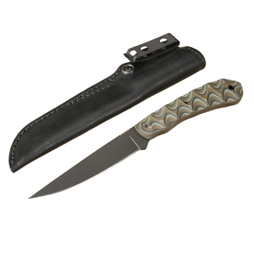 Winkler Knives WK Operator Knife with sculpted handle and leather sheath, Multicam G10