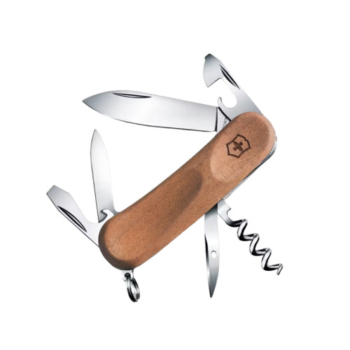 Victorinox Swiss Army Evolution 10 pocket knife with walnut wood scales and multiple built-in tools.