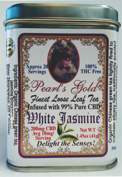 silver can with a white Pearl's Gold CBD White Jasmine tea label.