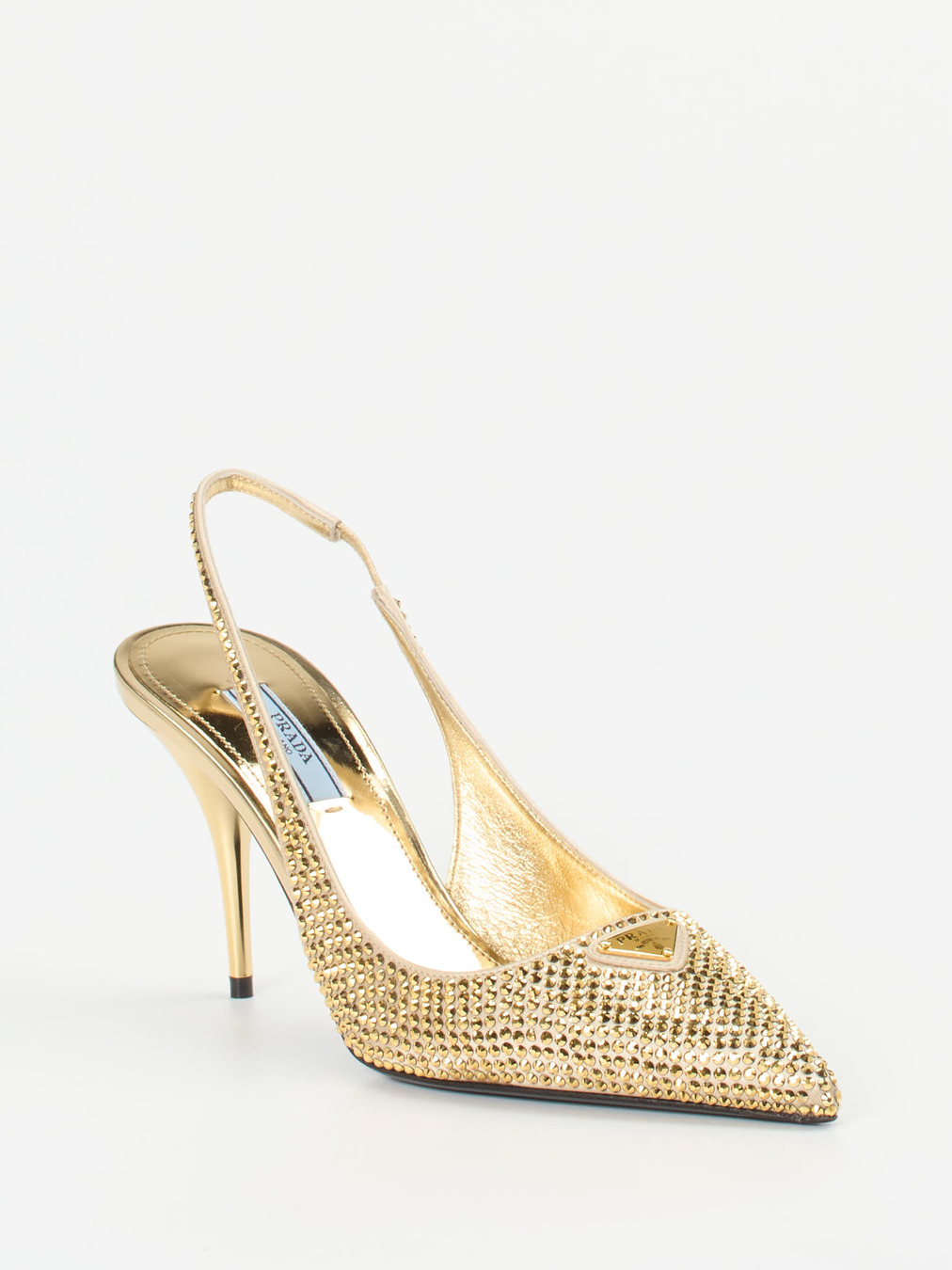 Prada – Slingback-Pumps aus Metallicleder mit Strass