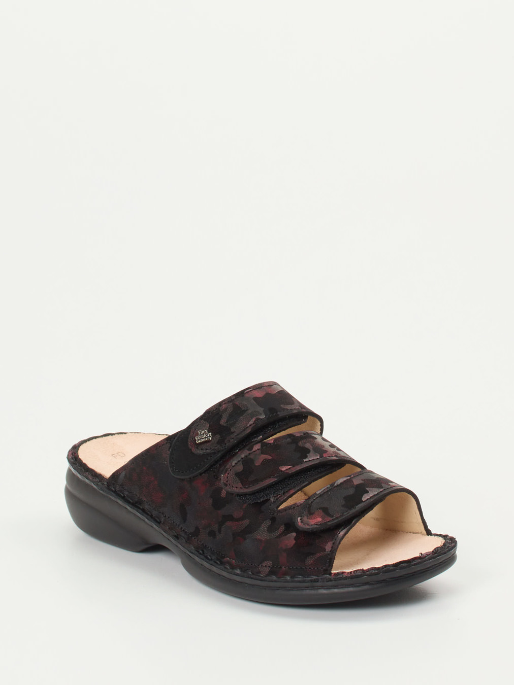 Finn Comfort – Pantolette aus geprägtem Leder Camouflage