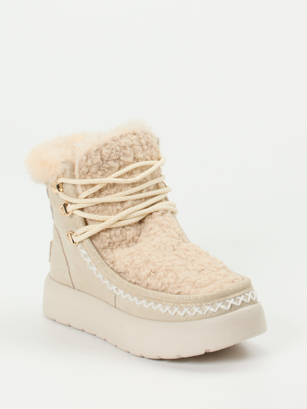 CAFèNOIR – Stiefelette aus Metallic mit Kunstfell beige