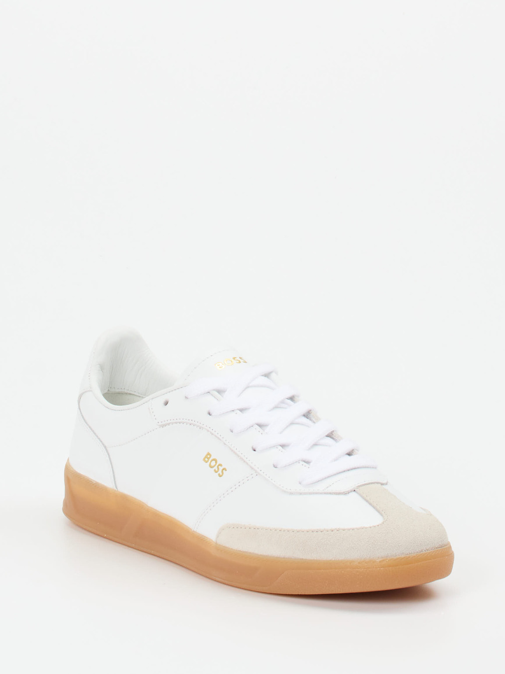 Boss – Sneaker aus Kalbleder in Weiß-Beige