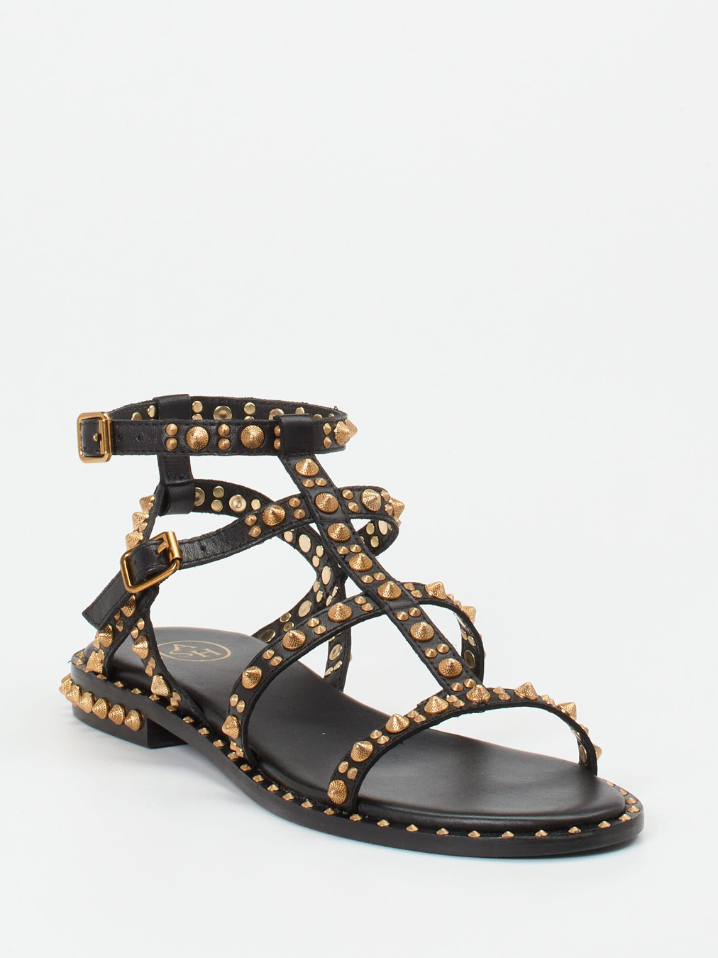 ASH – Riemchensandale aus Kalbleder Schwarz Goldnieten
