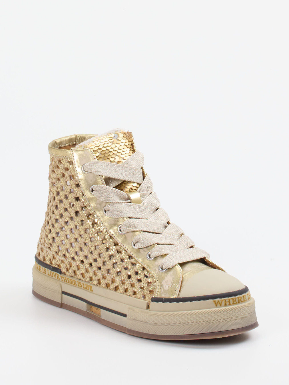 Rebecca White – High-Top Sneaker aus Flechtleder Gold