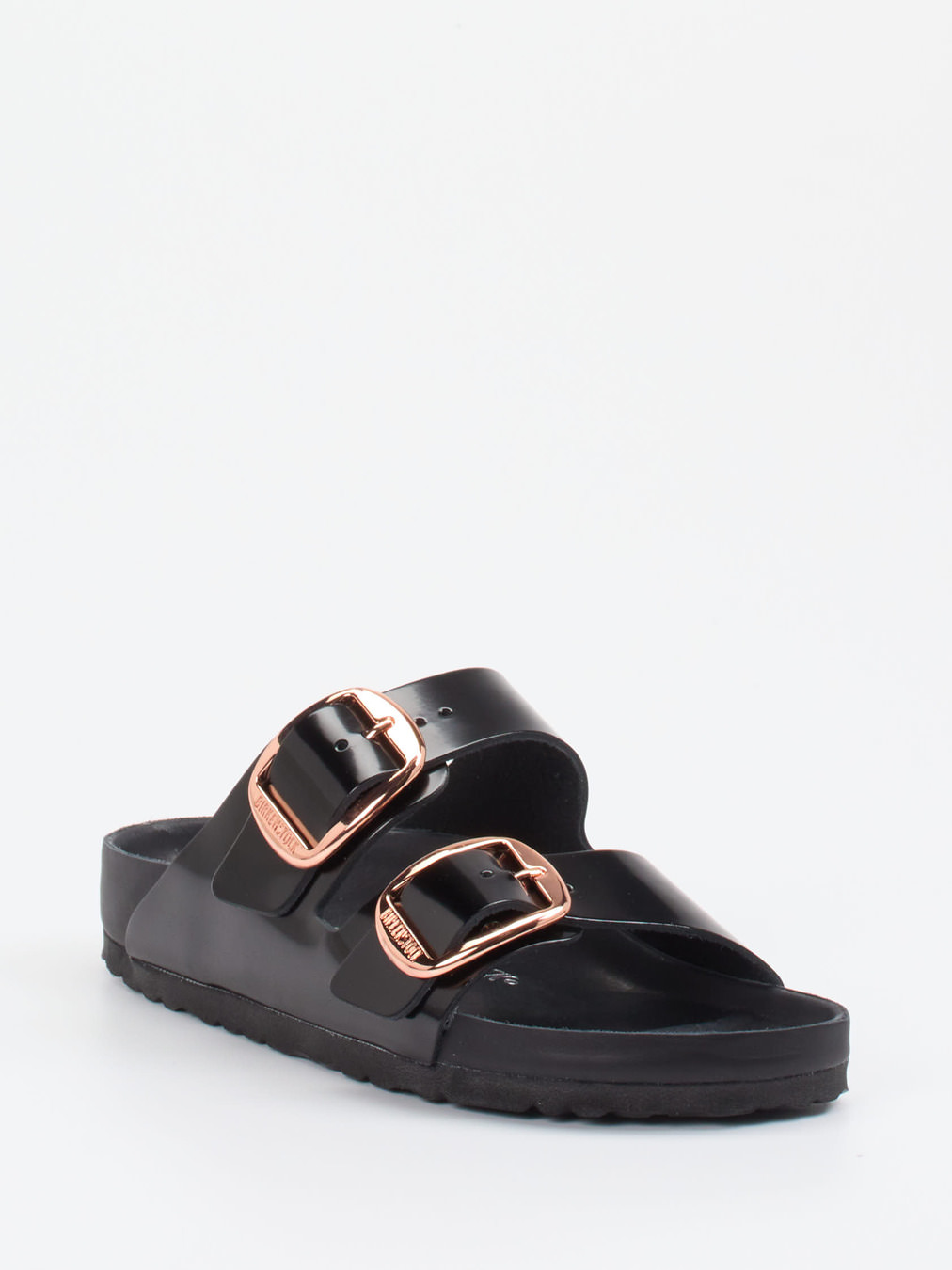 Birkenstock – Zweiriemer-Sandale aus Hochglanzleder Schwarz