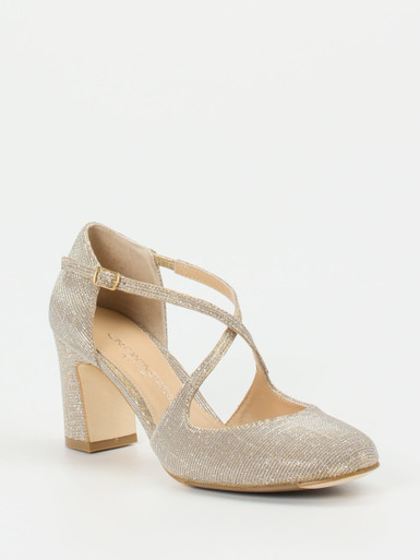 Konstantin Starke – Spangenpumps aus Glitzer-Textil Champagner