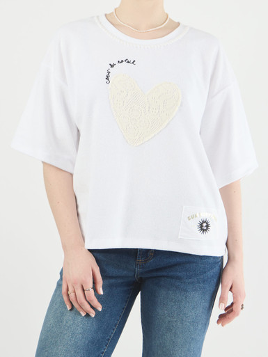 Yippie Hippie – T-Shirt aus Textil mit Spitze Weiß