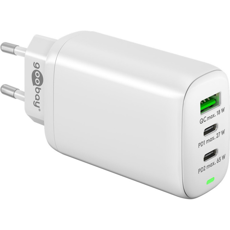 HUB Wentronic Goobay 3x Multiport Quick Charger 65 W, 2x USB-C, 1x USB-A White